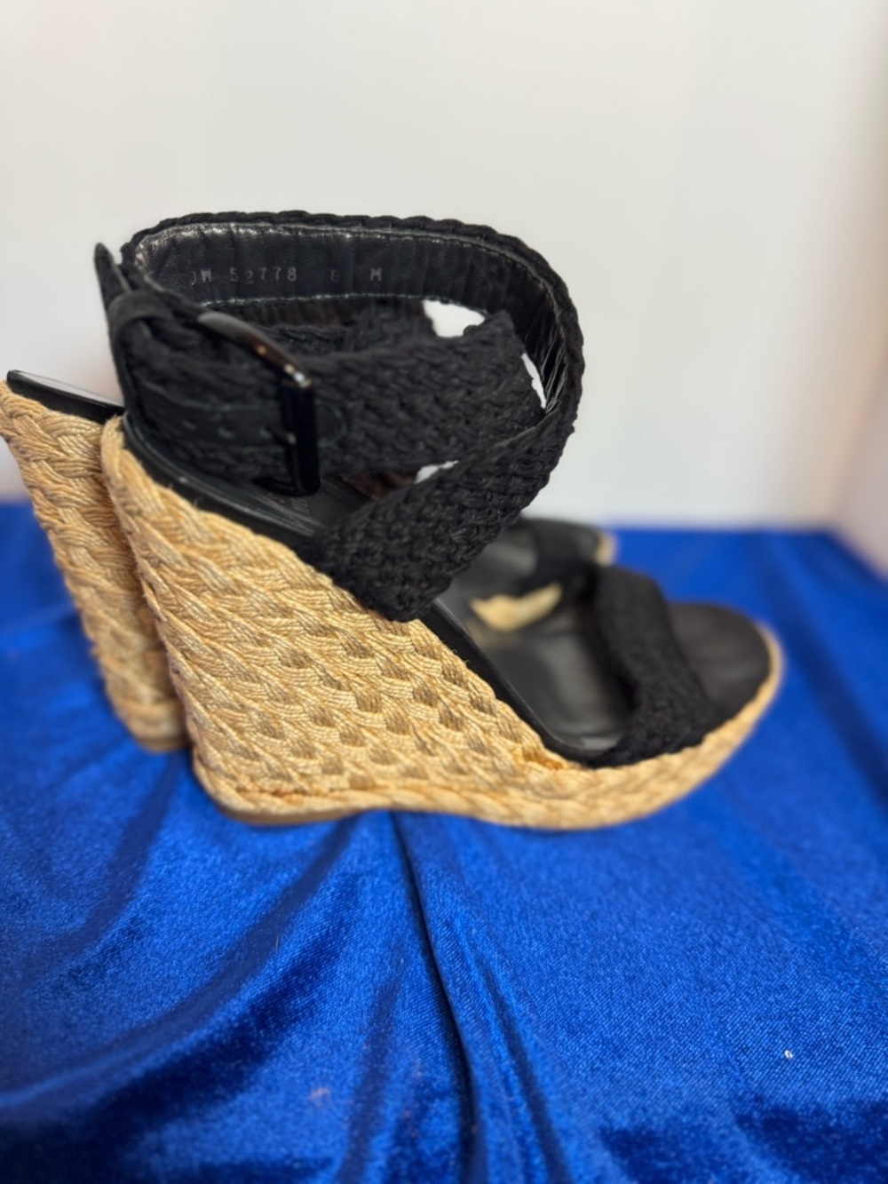 Stuart Weitzman Black Braided Espadrille Wedge Sandals with Ankle Wrap - Picture 2 of 8
